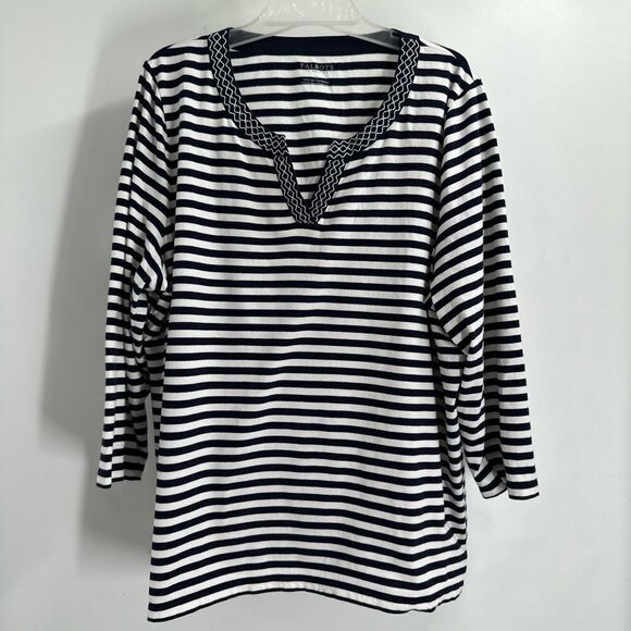 Talbots Size 2X V Neck 3/4 Sleeve Black and White Stripe 100% Cotton Top - Picture 1 of 7